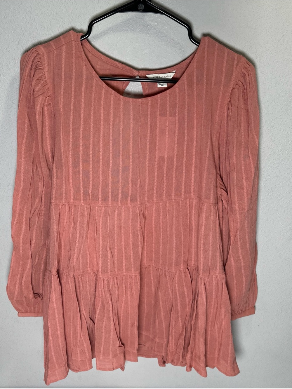 American Eagle Pink Tiered Long-Sleeve Blouse with semi open back